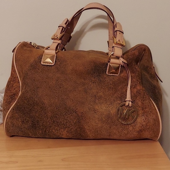 Michael Kors Brown Crackled Nubuck Grayson Satchel EUC no logo tag suede cork - Picture 3 of 6